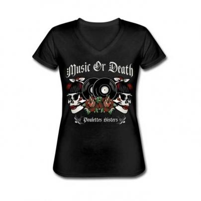 T-Shirts T-shirt Femme, manches courtes, col V "Music or Death" Noir
