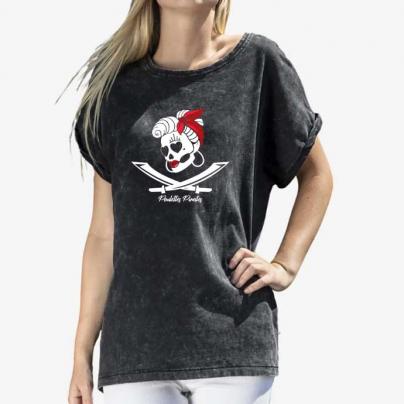 T-Shirts Teeshirt femme, manches courtes, col rond, Acid wash - "Poulette Pirate" Noir