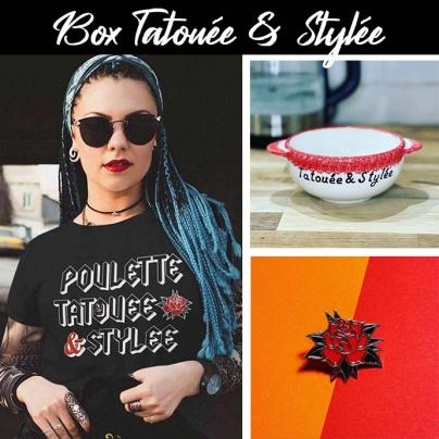 T-Shirts BOX Tee-shirt femme, col rond, "Tatouée et Stylée" noir + 1 bol + 1 Pin's