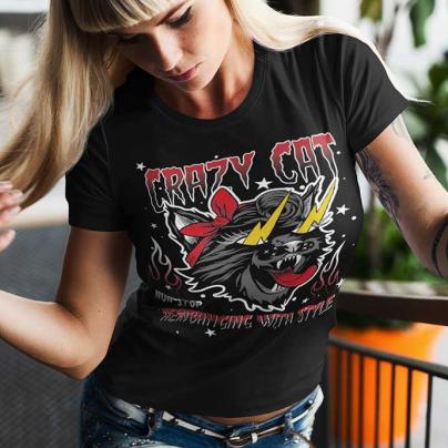 T-Shirts T-shirt Femme, manches courtes, col rond "Crazy cat"