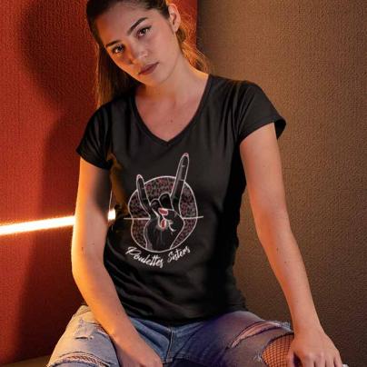 T-Shirts T-shirt Femme, manches courtes, col V "Hell Yeah Leopard" Noir