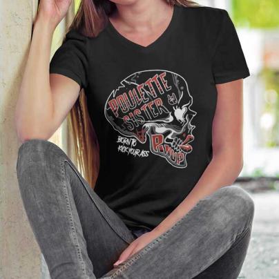 T-Shirts T-shirt Femme, manches courtes, col V "Poulette Skull by Succub" noir