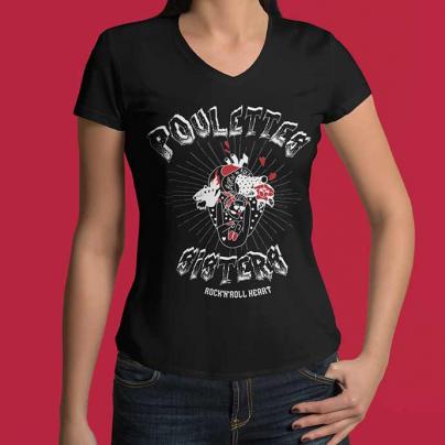 T-Shirts T-shirt Femme, manches courtes, col V "Coeur de Poulette" noir - collab avec l'artiste Ginette