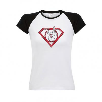 T-Shirts T-shirt Femme, manches courtes raglan, col rond "Super Poulette" bicolore blanc / noir