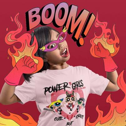 Enfant : Les Mini Poulettes T-shirt col rond, manches courtes, enfant "Power to Girls, Cute but Crazy" Rose