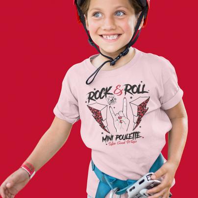 Enfant : Les Mini Poulettes T-shirt col rond, manches courtes, enfant "Rock'n'Roll Mini Poulette" Rose