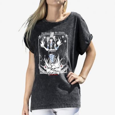 T-Shirts Teeshirt femme, manches courtes, col rond, Acid wash - "All Women are Witches" Noir délavé
