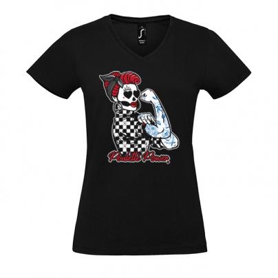 T-Shirts Teeshirt femme, manches courtes, col V "Power Poulette Damier" Noir
