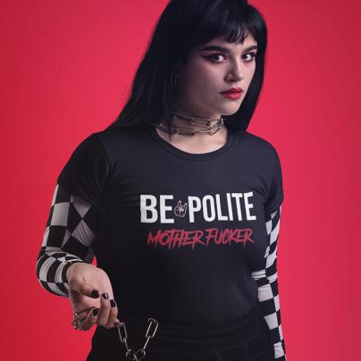 T-Shirts T-shirt Femme, manches courtes, col Rond "Be polite, Motherfucker texte bicolore" noir