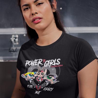 T-Shirts T-shirt Femme, manches courtes, col Rond "Power to Girls, Cute but Crazy" Noir