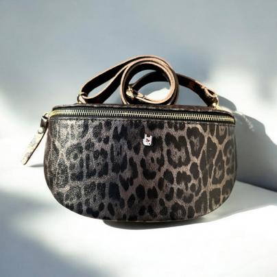 Sacs & Pochettes Banane en cuir lamé brillant imprimé Leopard, fabriqué en Italie, Anthracite