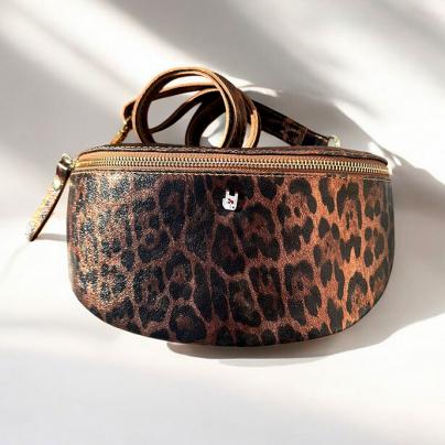 Sacs & Pochettes Banane en cuir lamé brillant imprimé Leopard, fabriqué en Italie, Marron